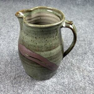VTG 90s Studio Pottery Green Glazed Stoneware Pitcher Signed Handmade USA Rustic